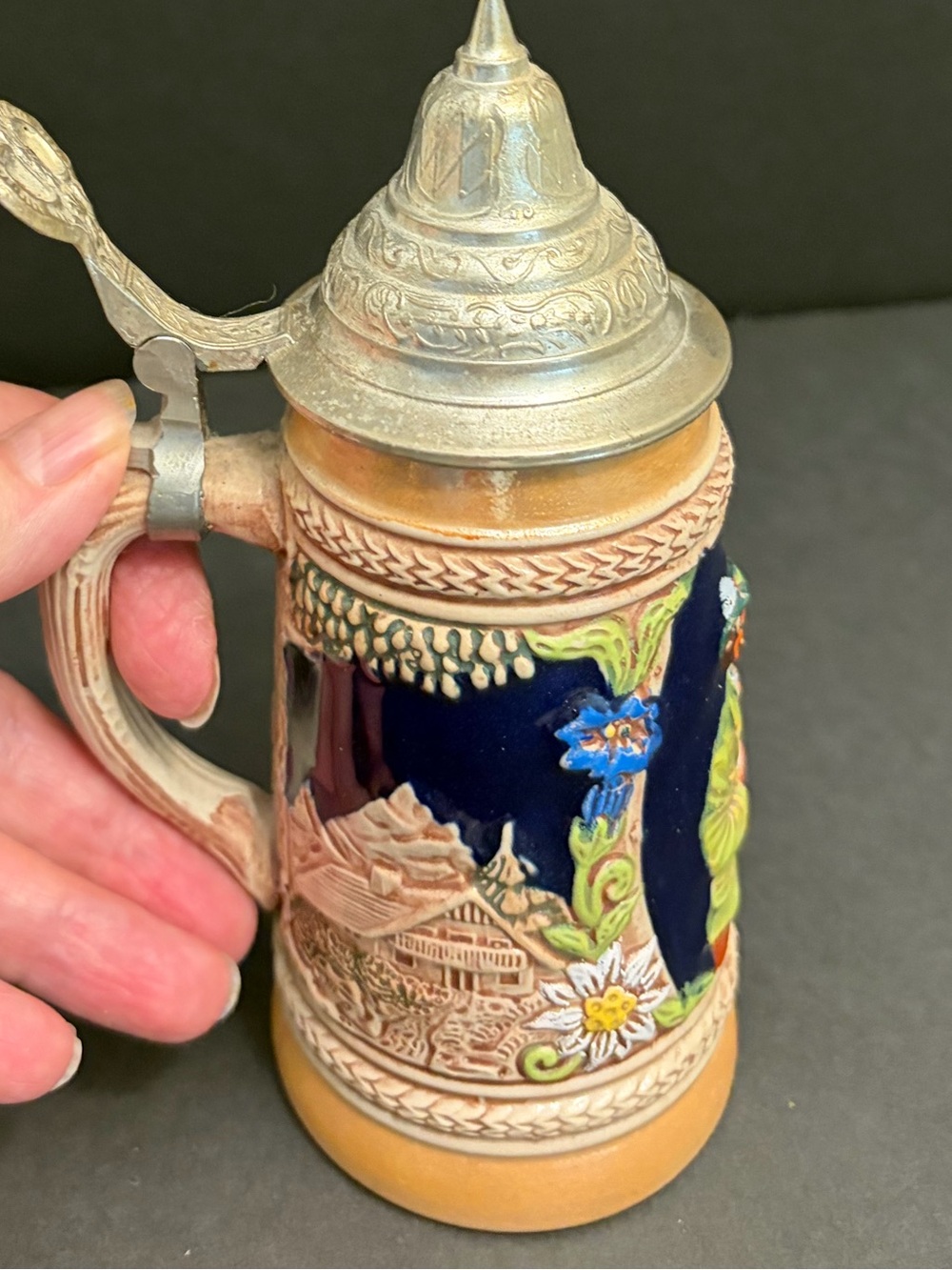 Vintage Miniature Gerz West Germany Lidded Beer Stein - DBGM Alpine Scene